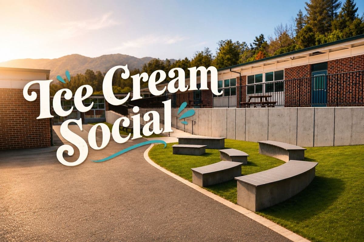 School backdrop with Ice Cream Social text over it