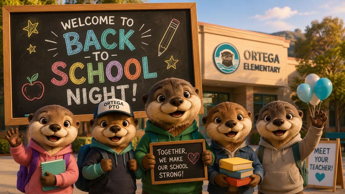 otters holding up signs with a chalkboard behind that says "Welcome to Back to School Night!"